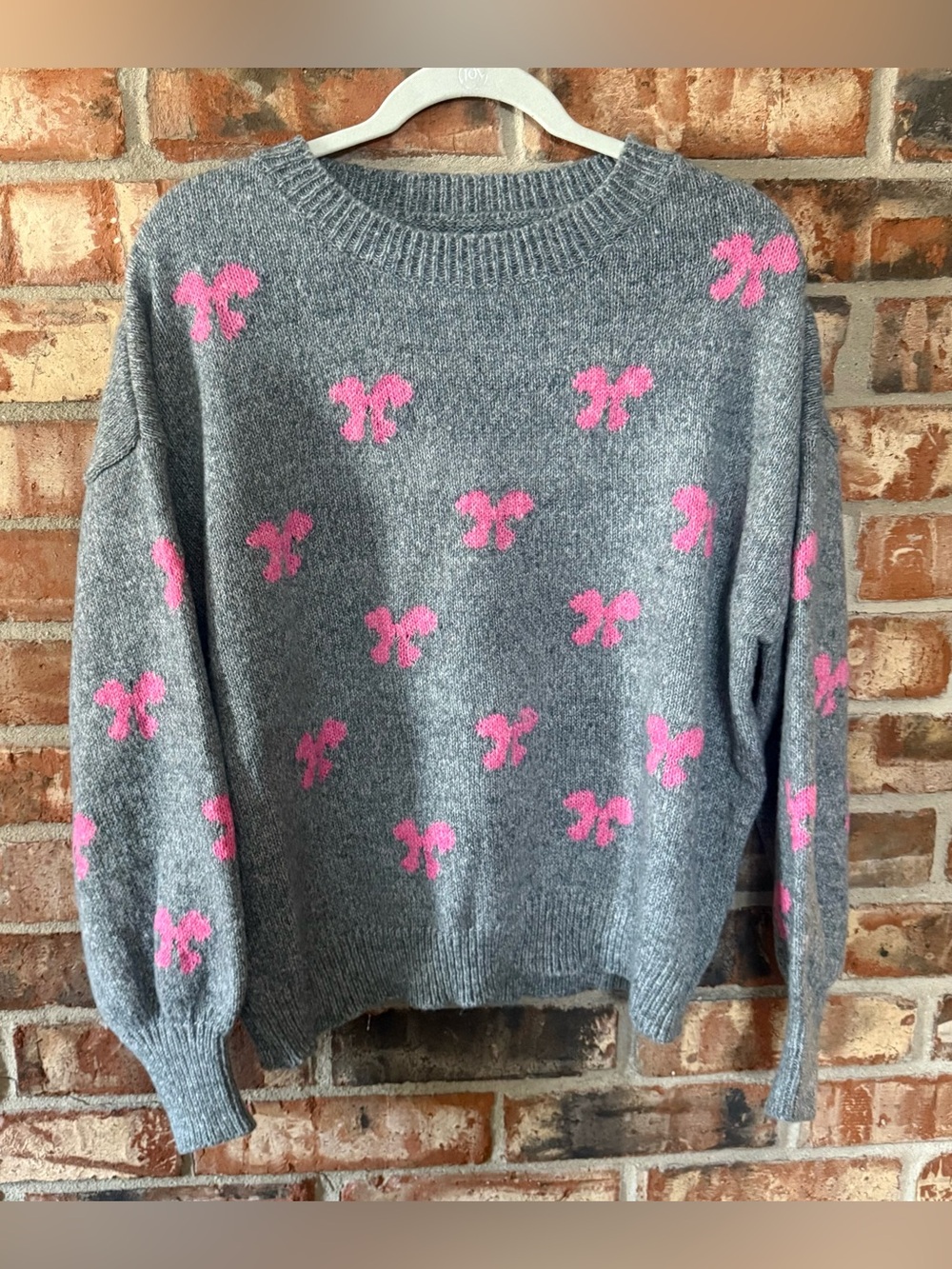 SHEIN Gray Crewneck Sweater with Pink Bow Motifs